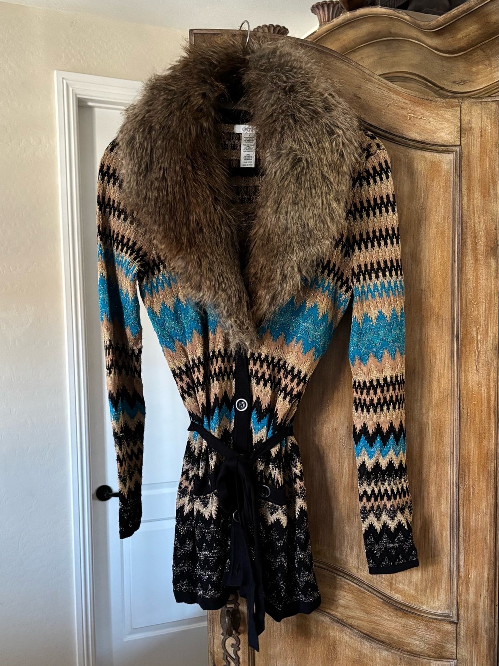 Cache Faux Fur-Collar Flame Stitch Patterned Cardigan Sweater  With Tie Belt.